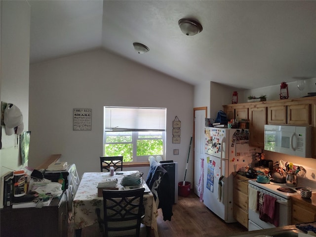 2426 Ernest Ave, Missoula, MT 59801 - kitchen featuring white appliances, dark wood-style floors, and vaulted ceiling