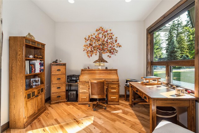 33731 Westview Dr, Bigfork, MT 59911 - home office with light wood-style floors and recessed lighting