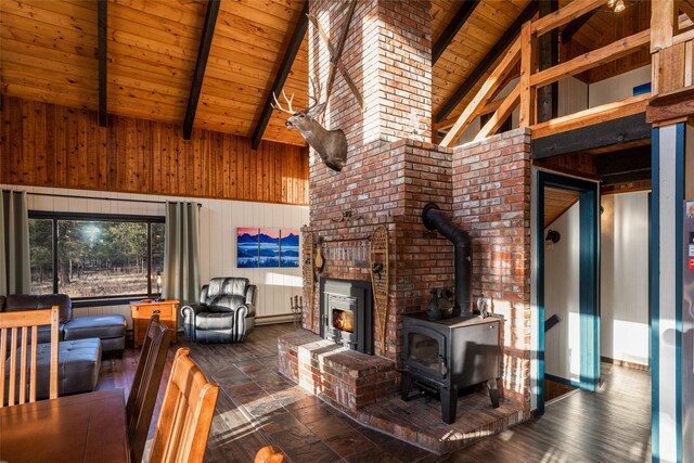 630 Tally Lake Rd, Whitefish, MT 59937 - living room featuring high vaulted ceiling, a wood ceiling with exposed beams, a wood stove, and wooden walls