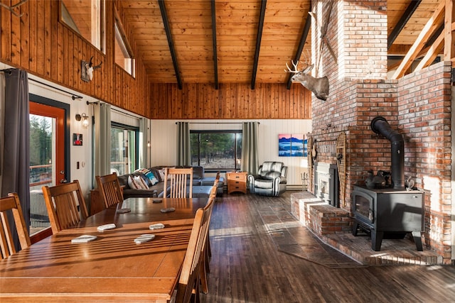 630 Tally Lake Rd, Whitefish, MT 59937 - dining space with high vaulted ceiling, wood finished floors, a wood stove, plenty of natural light, and a wooden ceiling with exposed beams