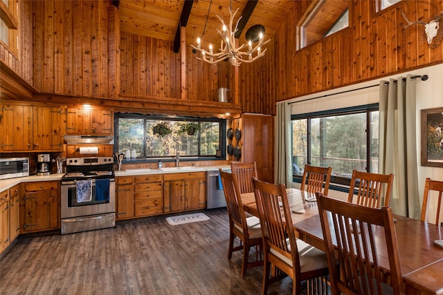 630 Tally Lake Rd, Whitefish, MT 59937 - kitchen with appliances with stainless steel finishes, high vaulted ceiling, a chandelier, light countertops, and under cabinet range hood