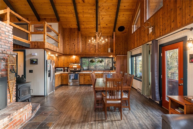 630 Tally Lake Rd, Whitefish, MT 59937 - dining room with high vaulted ceiling, a wood ceiling with exposed beams, a wood stove, a chandelier, and dark wood finished floors