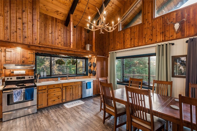630 Tally Lake Rd, Whitefish, MT 59937 - kitchen with stainless steel appliances, a wooden ceiling with exposed beams, under cabinet range hood, light countertops, and high vaulted ceiling