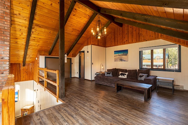 630 Tally Lake Rd, Whitefish, MT 59937 - living area with a chandelier, wooden ceiling, wooden walls, and wood finished floors