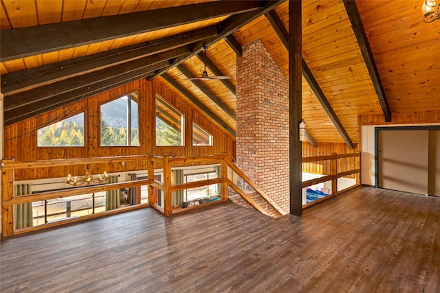630 Tally Lake Rd, Whitefish, MT 59937 - unfurnished living room featuring wooden ceiling, a chandelier, wood finished floors, and wooden walls