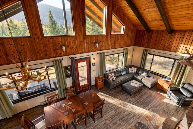 630 Tally Lake Rd, Whitefish, MT 59937 - living room with high vaulted ceiling, wood walls, healthy amount of natural light, wood finished floors, and a wooden ceiling with exposed beams