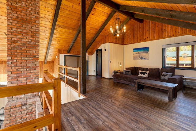 630 Tally Lake Rd, Whitefish, MT 59937 - living area featuring a wood ceiling with exposed beams, wood walls, a chandelier, wood finished floors, and high vaulted ceiling