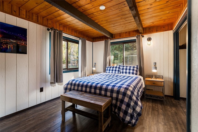 630 Tally Lake Rd, Whitefish, MT 59937 - bedroom with wooden walls, wood finished floors, and a wood ceiling with exposed beams