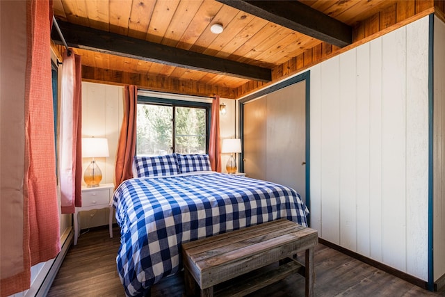630 Tally Lake Rd, Whitefish, MT 59937 - bedroom with a baseboard radiator, a wooden ceiling with exposed beams, dark wood-style floors, wood walls, and a closet