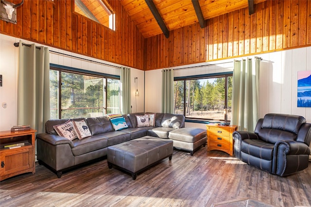 630 Tally Lake Rd, Whitefish, MT 59937 - living area with high vaulted ceiling, a wood ceiling with exposed beams, wood finished floors, plenty of natural light, and wooden walls