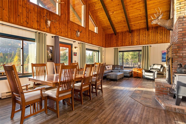 630 Tally Lake Rd, Whitefish, MT 59937 - dining area featuring high vaulted ceiling, hardwood / wood-style flooring, a wooden ceiling with exposed beams, a wood stove, and baseboard heating