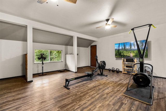 630 Tally Lake Rd, Whitefish, MT 59937 - workout area with ceiling fan, lofted ceiling, and wood finished floors