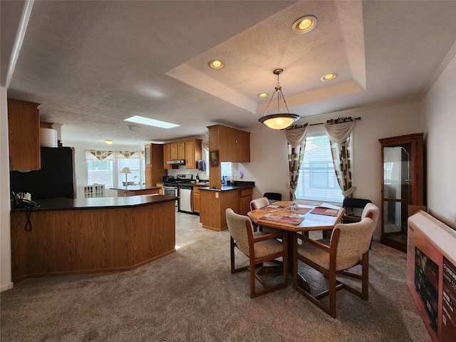1208 8th Ave NW, Great Falls, MT 59404 - dining area with light carpet, heating unit, recessed lighting, a tray ceiling, and a textured ceiling