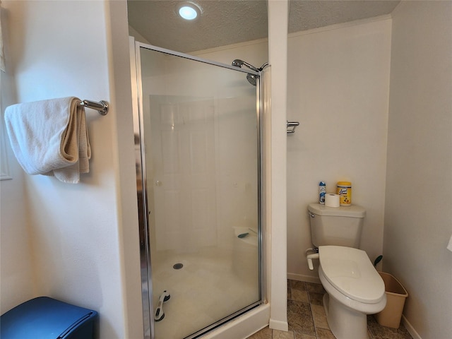 1208 8th Ave NW, Great Falls, MT 59404 - full bathroom featuring a shower stall, a textured ceiling, and stone tile flooring