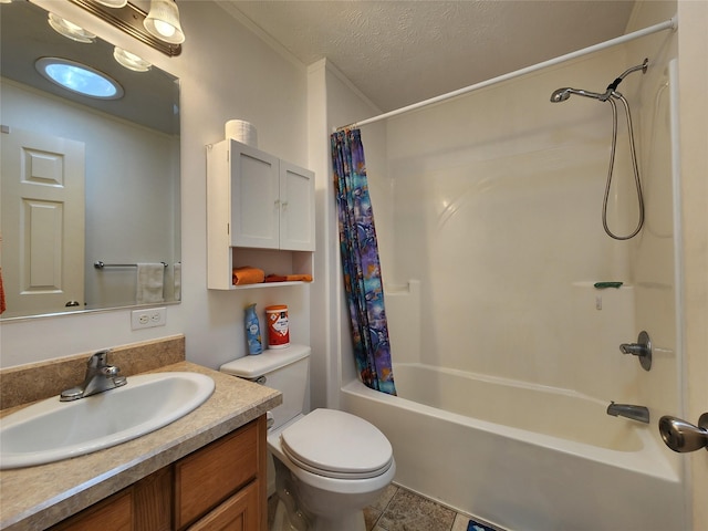 1208 8th Ave NW, Great Falls, MT 59404 - bathroom featuring vanity, shower / tub combo with curtain, tile patterned floors, and a textured ceiling