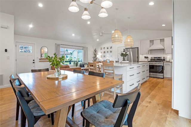 301 Buttercup Loop, Kalispell, MT 59901 - dining area featuring light wood-type flooring, recessed lighting, lofted ceiling, and a ceiling fan
