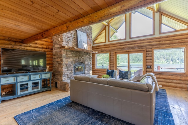 2755 US Highway 93 W, Whitefish, MT 59937 - living room featuring log walls, dark wood-style floors, a fireplace, high vaulted ceiling, and a wooden ceiling with exposed beams