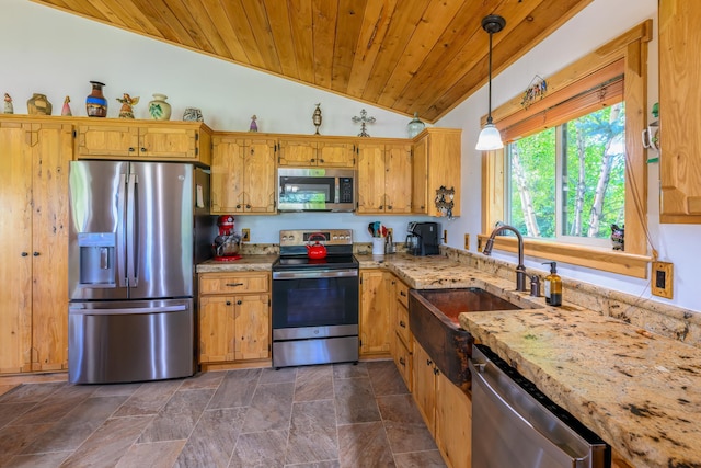 192 Leonard Ln, Eureka, MT 59917 - kitchen with appliances with stainless steel finishes, lofted ceiling, wooden ceiling, light stone countertops, and decorative light fixtures