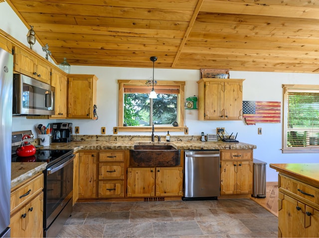 192 Leonard Ln, Eureka, MT 59917 - kitchen with stainless steel appliances, wooden ceiling, plenty of natural light, dark stone finish floors, and vaulted ceiling