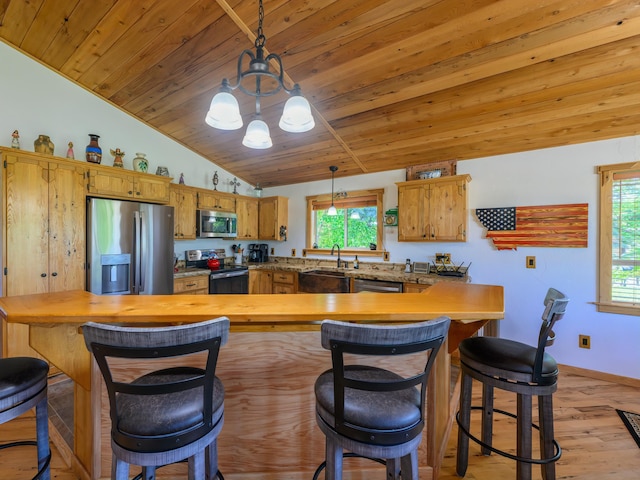 192 Leonard Ln, Eureka, MT 59917 - kitchen with stainless steel appliances, vaulted ceiling, healthy amount of natural light, a chandelier, and wood ceiling