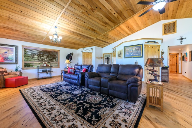 192 Leonard Ln, Eureka, MT 59917 - living room with wooden ceiling, a chandelier, a ceiling fan, light wood-style flooring, and high vaulted ceiling