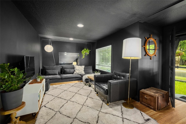 438 Somers Ave, Whitefish, MT 59937 - living room with wood finished floors, a textured ceiling, recessed lighting, and plenty of natural light
