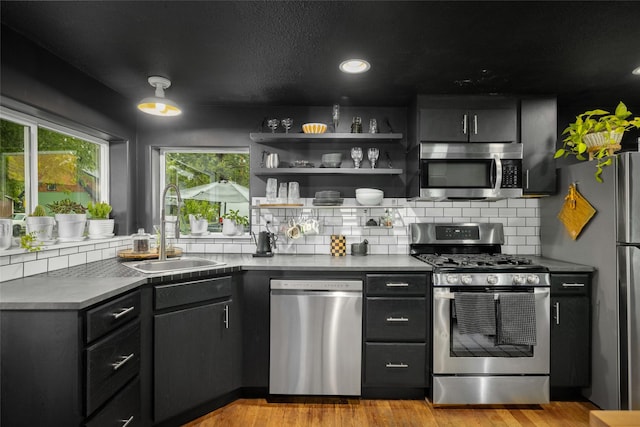 438 Somers Ave, Whitefish, MT 59937 - kitchen with appliances with stainless steel finishes, tasteful backsplash, light wood finished floors, dark cabinets, and recessed lighting