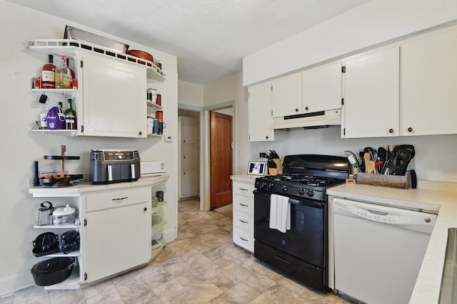 3120 1st Ave N, Great Falls, MT 59401 - kitchen featuring open shelves, black gas range, white dishwasher, and under cabinet range hood