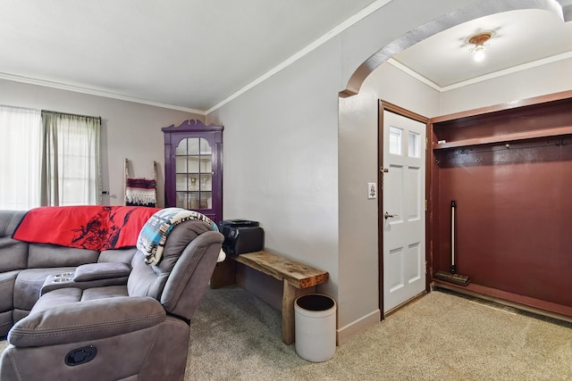 3120 1st Ave N, Great Falls, MT 59401 - carpeted living area featuring ornamental molding and arched walkways