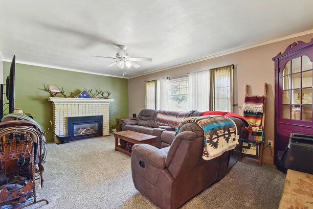 3120 1st Ave N, Great Falls, MT 59401 - living room with carpet, ornamental molding, ceiling fan, and a fireplace