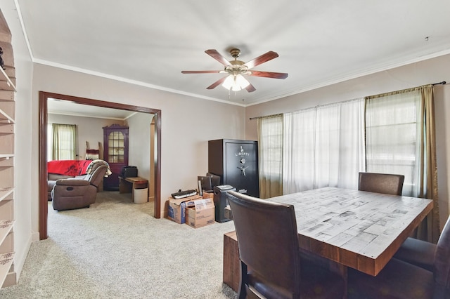 3120 1st Ave N, Great Falls, MT 59401 - dining space featuring a ceiling fan, carpet floors, and ornamental molding