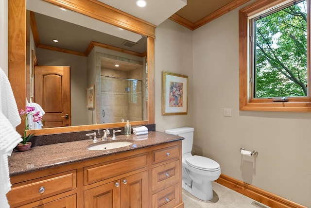 639 Three Eagle Ln, Bigfork, MT 59911 - bathroom with ornamental molding, a stall shower, vanity, and tile patterned flooring