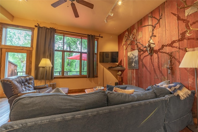 439 Osborn Ave Unit 115, Bigfork, MT 59911 - living area with plenty of natural light, wood walls, track lighting, a ceiling fan, and wood finished floors