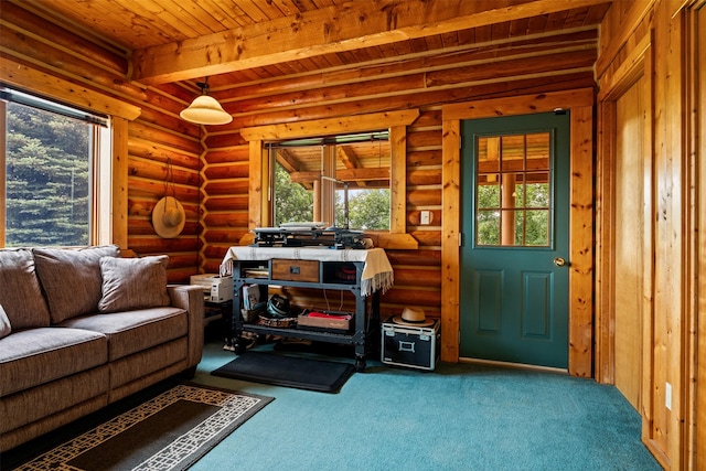 487 Hudson Ln, Victor, MT 59875 - interior space with a wooden ceiling with exposed beams, carpet, and rustic walls