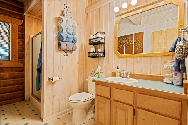 487 Hudson Ln, Victor, MT 59875 - full bathroom with rustic walls, vanity, a shower stall, and wood walls