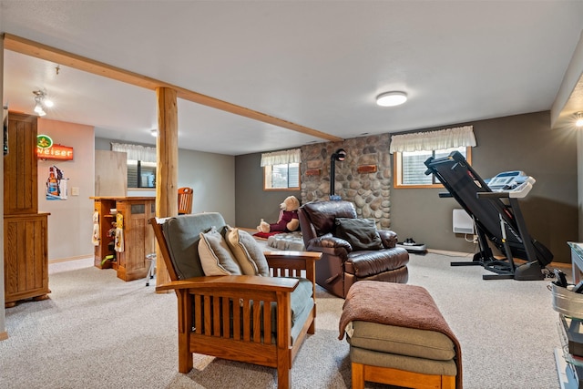487 Hudson Ln, Victor, MT 59875 - living area with a wood stove and light colored carpet