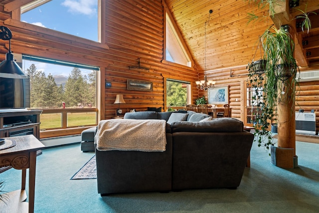 487 Hudson Ln, Victor, MT 59875 - living room with high vaulted ceiling, log walls, a chandelier, healthy amount of natural light, and carpet flooring