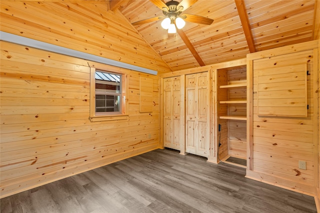 20245 Swan View Rd, Rollins, MT 59931 - unfurnished bedroom featuring wood ceiling, wooden walls, and dark wood finished floors