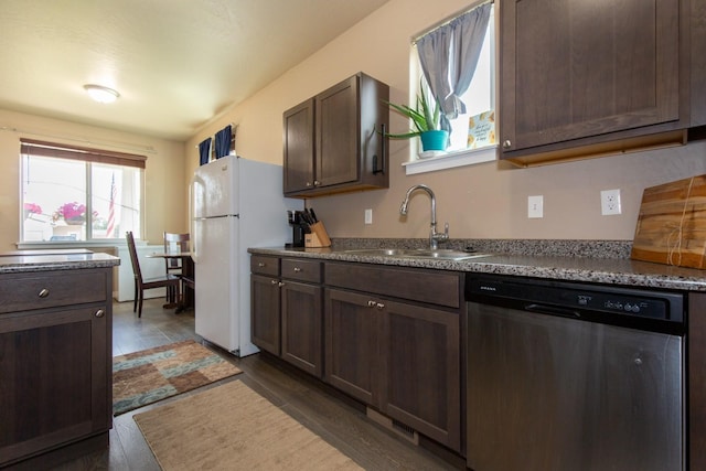 618 W Adams St, Three Forks, MT 59752 - kitchen featuring dishwasher, freestanding refrigerator, and dark brown cabinets