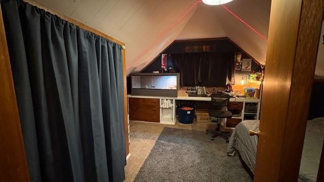415 W 3rd St, Whitefish, MT 59937 - office space with built in study area, carpet floors, and lofted ceiling