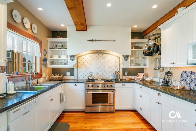 5325 Elk Ridge Rd, Helena, MT 59601 - kitchen featuring open shelves, high end stainless steel range, white dishwasher, white cabinets, and recessed lighting