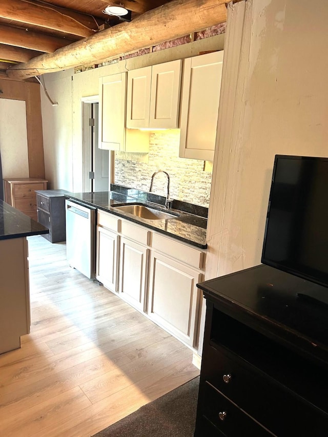 645 Morrell Creek Dr, Seeley Lake, MT 59868 - kitchen with dishwasher, light wood finished floors, backsplash, beam ceiling, and white cabinetry