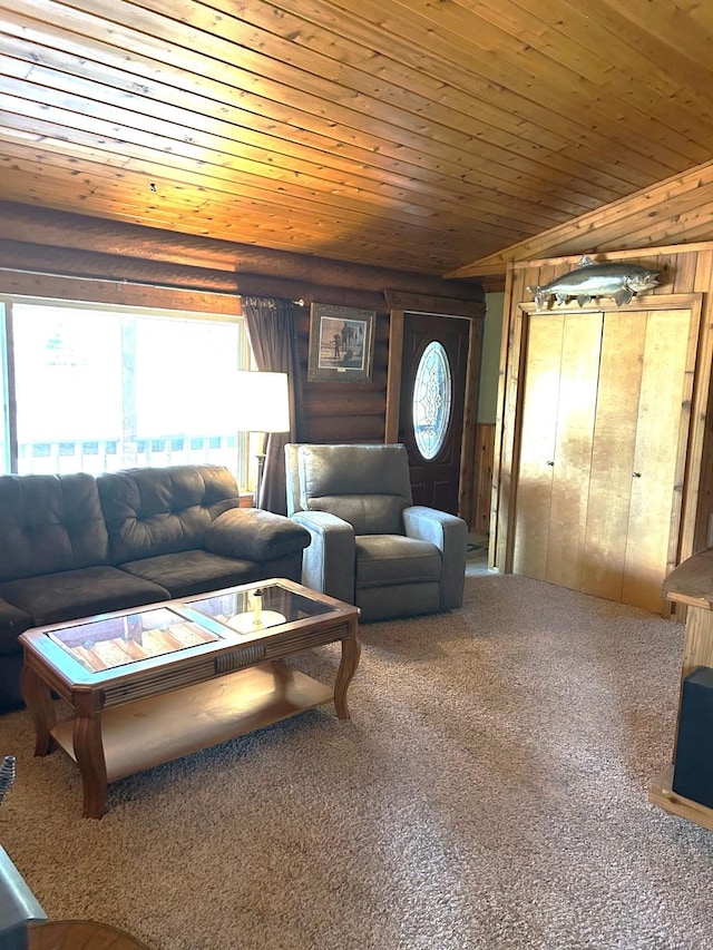 645 Morrell Creek Dr, Seeley Lake, MT 59868 - carpeted living room featuring wooden walls and wooden ceiling