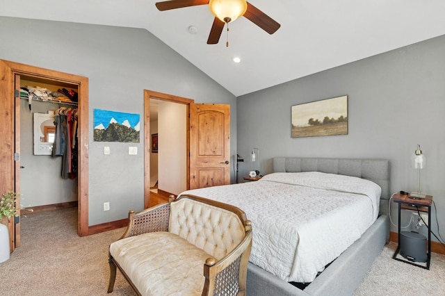 101 Heavens Peak Dr, Kalispell, MT 59901 - bedroom with vaulted ceiling, a spacious closet, a closet, light carpet, and a ceiling fan