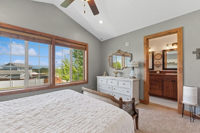 101 Heavens Peak Dr, Kalispell, MT 59901 - bedroom featuring lofted ceiling, carpet flooring, ensuite bathroom, a ceiling fan, and recessed lighting