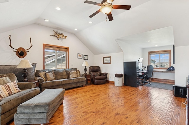 101 Heavens Peak Dr, Kalispell, MT 59901 - living area featuring light wood-type flooring, a desk, lofted ceiling, recessed lighting, and ceiling fan