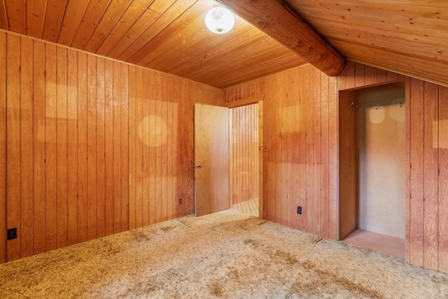 581 Timber Trl, Stevensville, MT 59870 - unfurnished room featuring wood walls, wood ceiling, carpet floors, and vaulted ceiling