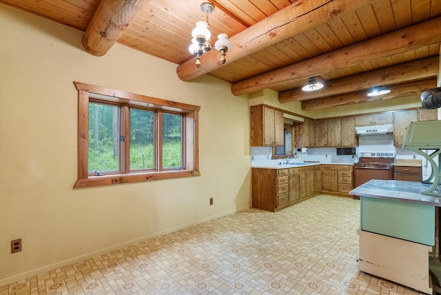 581 Timber Trl, Stevensville, MT 59870 - kitchen featuring white electric range oven, under cabinet range hood, a wooden ceiling with exposed beams, light countertops, and brown cabinetry