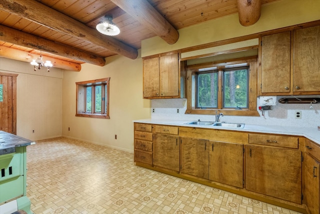 581 Timber Trl, Stevensville, MT 59870 - kitchen featuring a wooden ceiling with exposed beams, brown cabinets, light countertops, a chandelier, and decorative backsplash