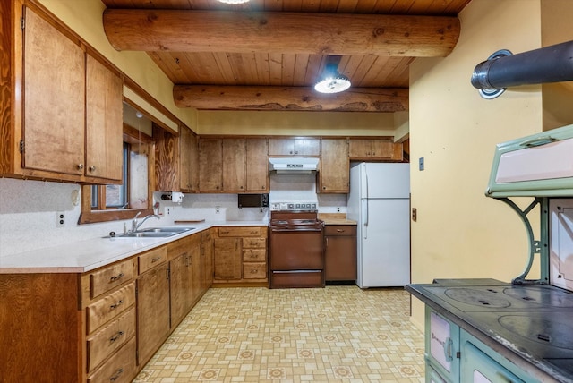 581 Timber Trl, Stevensville, MT 59870 - kitchen with freestanding refrigerator, range with electric stovetop, under cabinet range hood, brown cabinets, and a wooden ceiling with exposed beams